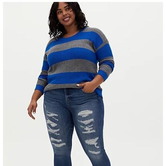 Torrid Sweater Size 0 Gray Blue Striped Knit Cotton Long Sleeve Drop Shoulders - Picture 2 of 9